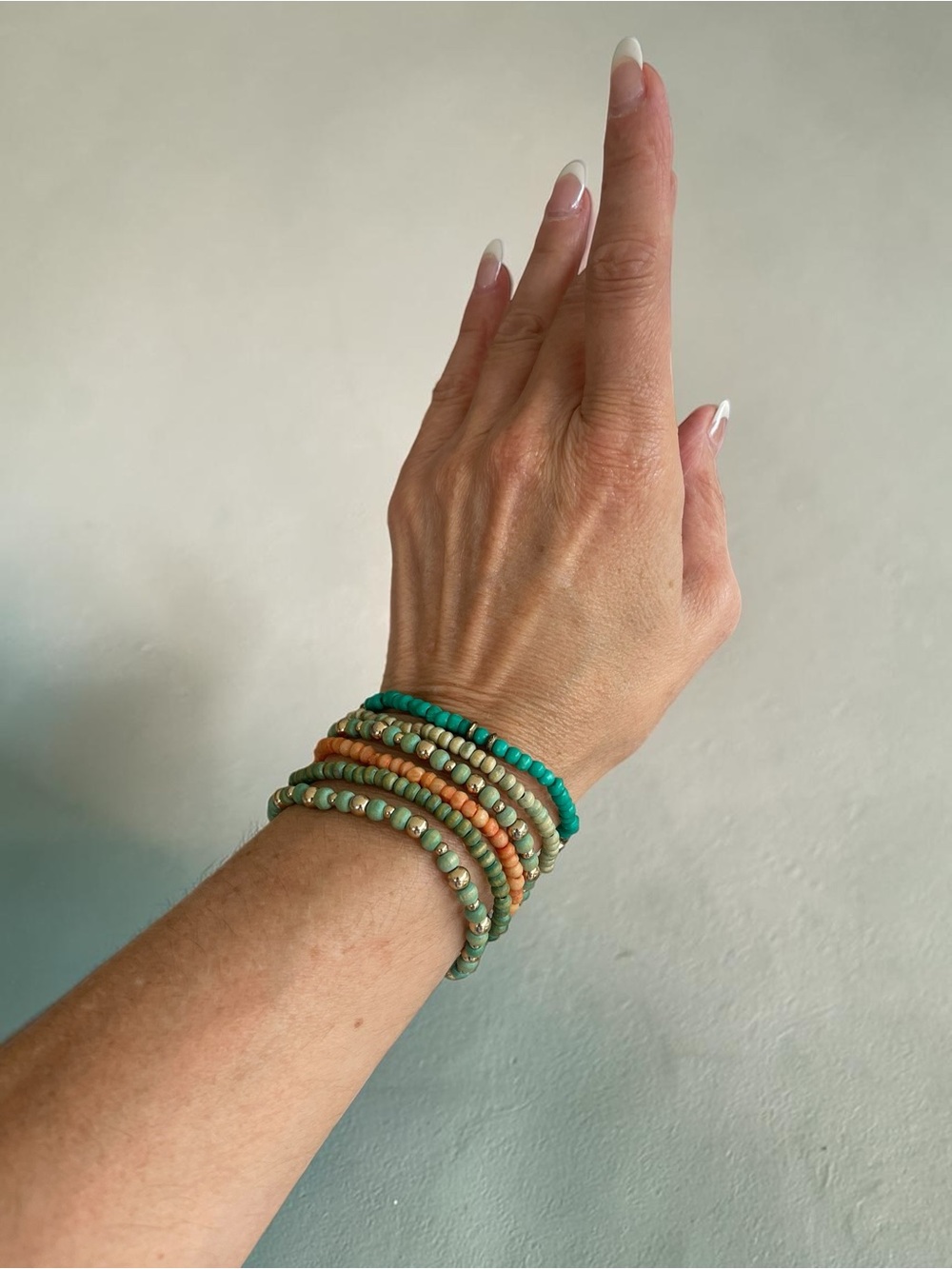 Beleza Curated Green Wood Bead Bracelet Stack Gold Tone Coral Accent Set of 6